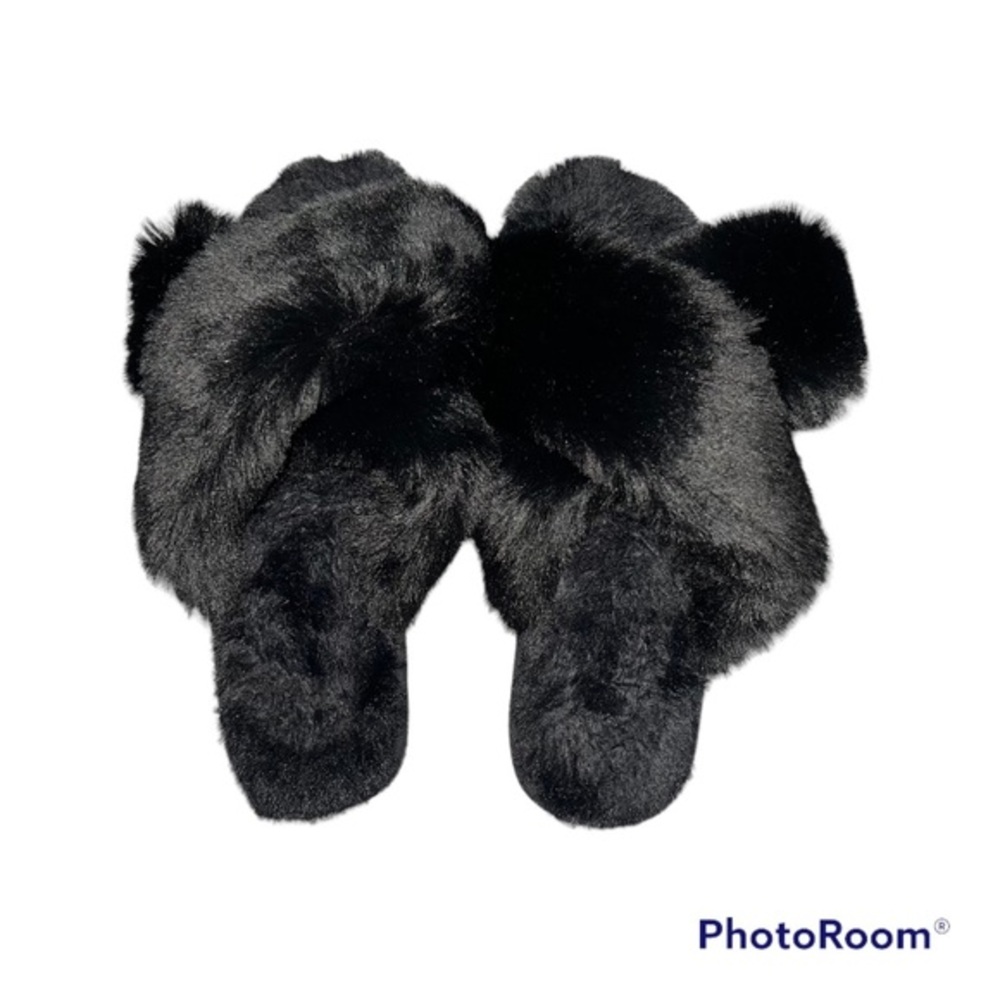 Black fuzzy criss cross faux fur fluffy slippers size XL